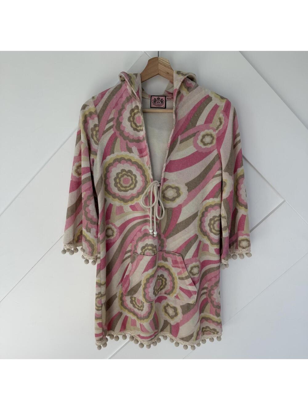 Vintage Juicy Couture Retro Patterned Hooded Poncho Sweater with Pom Pom Trim